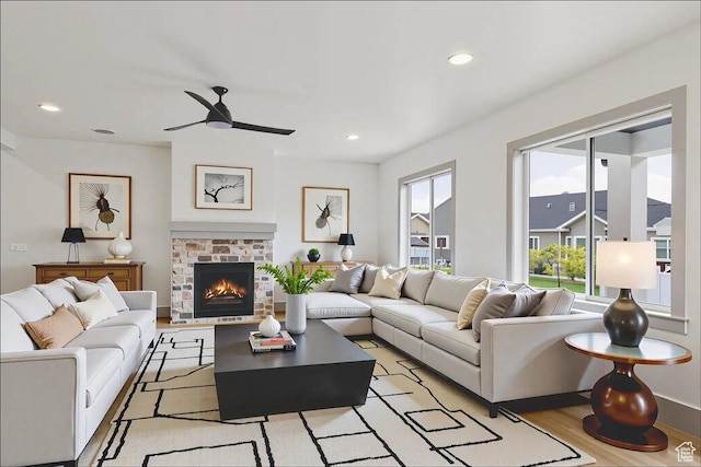 954 S Sandy Ln, Spanish Fork, UT 84660 - living area with ceiling fan, light wood-type flooring, a brick fireplace, and recessed lighting