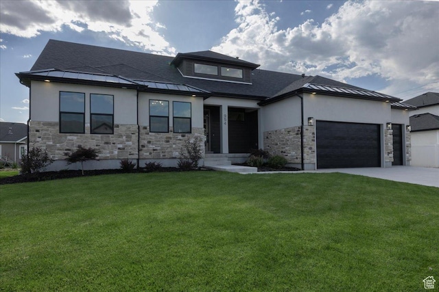 954 S Sandy Ln, Spanish Fork, UT 84660 - prairie-style house with stone siding, an attached garage, driveway, and stucco siding