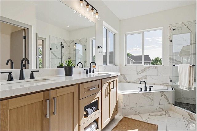 954 S Sandy Ln, Spanish Fork, UT 84660 - bathroom featuring a marble finish shower, a garden tub, double vanity, and marble look tiles