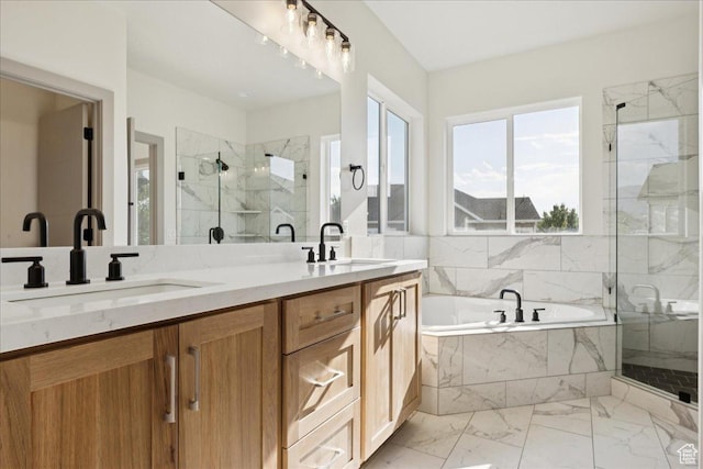 954 S Sandy Ln, Spanish Fork, UT 84660 - bathroom with a marble finish shower, a bath, marble look tile flooring, and double vanity