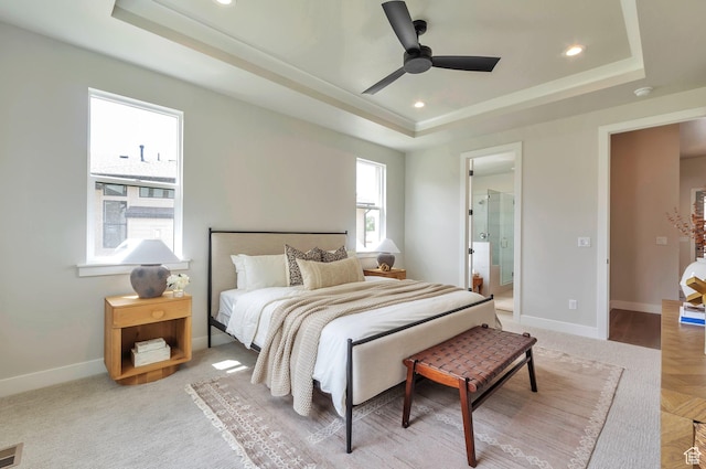 551 W Summerhill Ln, Centerville, UT 84014 - bedroom with a raised ceiling, ceiling fan, recessed lighting, and ensuite bathroom
