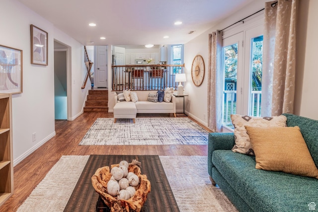 1282 W 1200 S, Woods Cross, UT 84087 - living area with stairway, wood finished floors, and recessed lighting