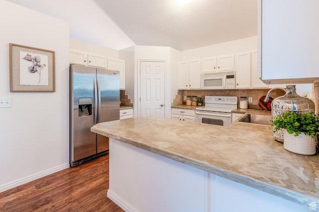 1282 W 1200 S, Woods Cross, UT 84087 - kitchen featuring white appliances, a peninsula, white cabinets, and dark wood finished floors