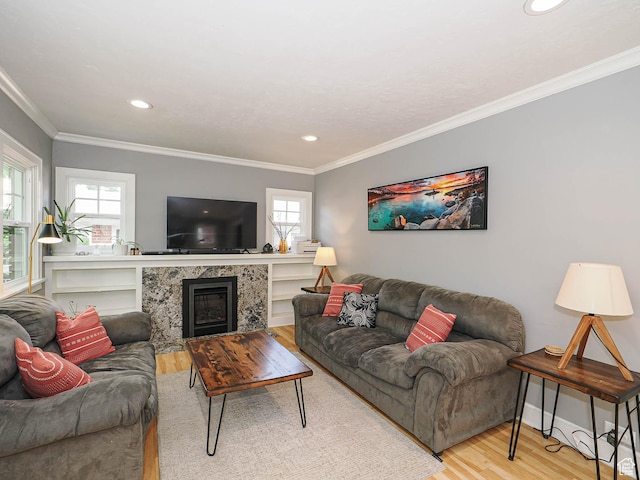 1527 E Princeton Ave S, Salt Lake City, UT 84105 - living area featuring light wood-style floors, crown molding, recessed lighting, and a glass covered fireplace