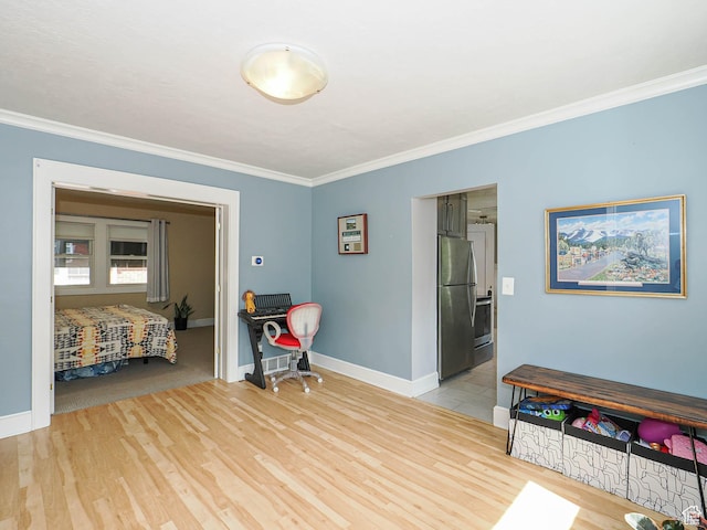 1527 E Princeton Ave S, Salt Lake City, UT 84105 - bedroom featuring freestanding refrigerator, crown molding, and light wood-type flooring