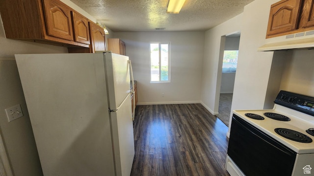 1268 N 800 W, Provo, UT 84604 - kitchen with freestanding refrigerator, electric range oven, under cabinet range hood, a textured ceiling, and brown cabinetry