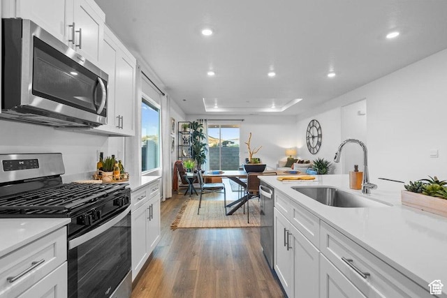 1465 S Staircase Way Unit 4065, Washington, UT 84780 - kitchen with appliances with stainless steel finishes, dark wood-style floors, recessed lighting, light countertops, and white cabinetry