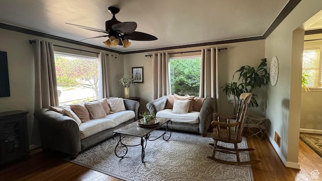 1924 E 2100 S, Salt Lake City, UT 84106 - living room featuring crown molding, dark wood-style flooring, and ceiling fan