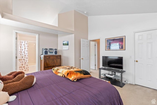 1014 W 4150 S, Riverdale, UT 84405 - bedroom featuring carpet flooring, high vaulted ceiling, and ensuite bath