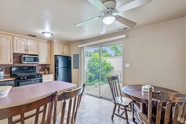 1454 Lancelot Dr, Provo, UT 84601 - kitchen featuring black appliances, light brown cabinets, ceiling fan, electric panel, and light countertops