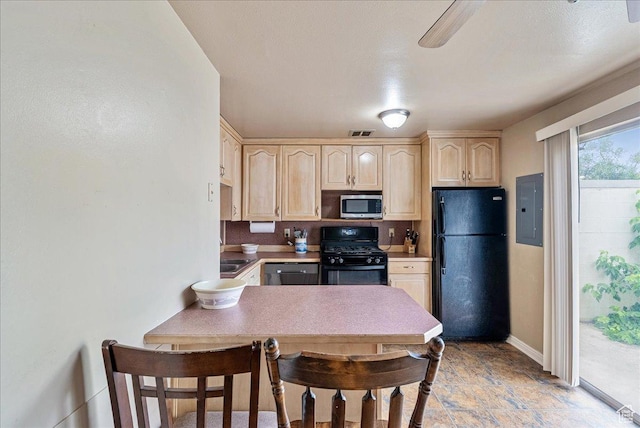 1454 Lancelot Dr, Provo, UT 84601 - kitchen with black appliances, electric panel, light brown cabinetry, light stone finish flooring, and light countertops