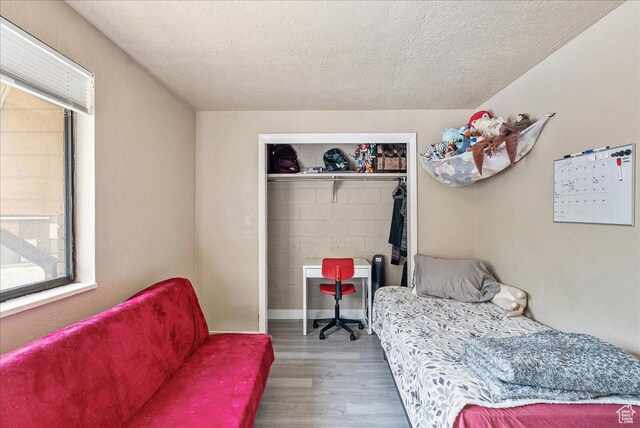 1454 Lancelot Dr, Provo, UT 84601 - bedroom with wood finished floors, a closet, and a textured ceiling