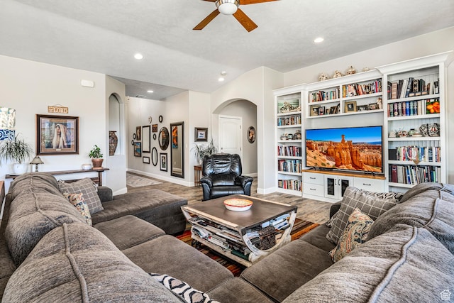 93 E 700 N, La Verkin, UT 84745 - living area featuring arched walkways, ceiling fan, recessed lighting, a textured ceiling, and wood finished floors