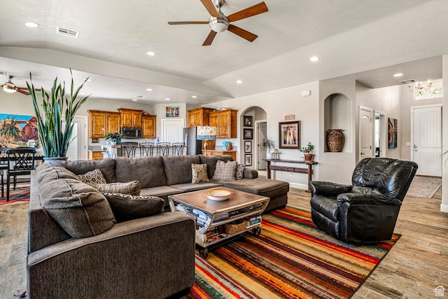 93 E 700 N, La Verkin, UT 84745 - living area featuring ceiling fan, arched walkways, lofted ceiling, light wood-style floors, and recessed lighting