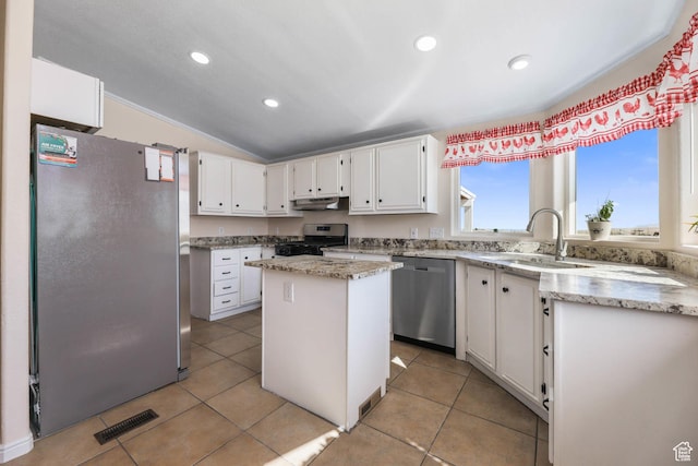 1309 Pine Canyon Rd, Tooele, UT 84074 - kitchen with stainless steel appliances, under cabinet range hood, vaulted ceiling, white cabinets, and a kitchen island