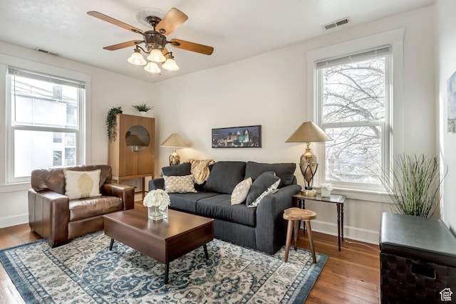 22 W 300 N, Salt Lake City, UT 84103 - living area featuring healthy amount of natural light, hardwood / wood-style floors, and a ceiling fan