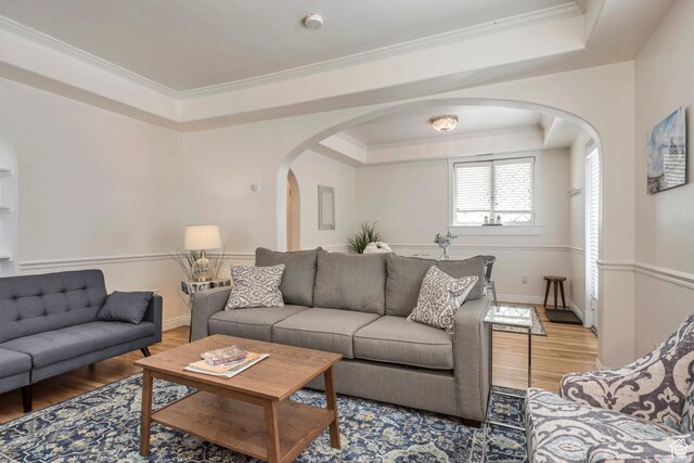 22 W 300 N, Salt Lake City, UT 84103 - living room with a tray ceiling, arched walkways, light wood-type flooring, and crown molding