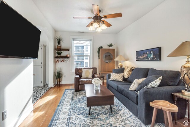 22 W 300 N, Salt Lake City, UT 84103 - living room with ceiling fan, light wood finished floors, and lofted ceiling
