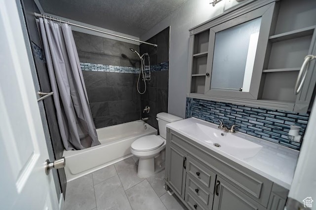 195 N 800 W, Cleveland, UT 84518 - full bathroom with shower / bathtub combination with curtain, backsplash, vanity, a textured ceiling, and tile patterned flooring