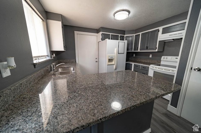 195 N 800 W, Cleveland, UT 84518 - kitchen featuring white appliances, a peninsula, under cabinet range hood, dark stone counters, and dark wood finished floors