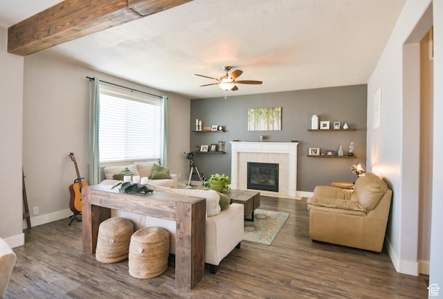 3319 N Falcon Way, Layton, UT 84040 - living room with a ceiling fan, plenty of natural light, a tile fireplace, and dark wood-style floors
