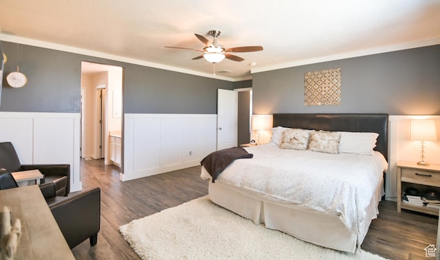 3319 N Falcon Way, Layton, UT 84040 - bedroom featuring wainscoting, wood finished floors, ornamental molding, ceiling fan, and a decorative wall