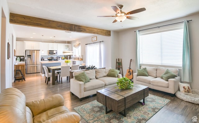 3319 N Falcon Way, Layton, UT 84040 - living area featuring ceiling fan, wood finished floors, beamed ceiling, and recessed lighting