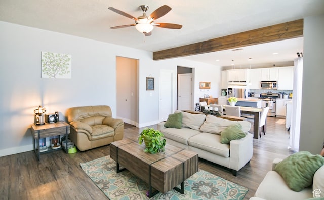 3319 N Falcon Way, Layton, UT 84040 - living area with a ceiling fan, beam ceiling, and wood finished floors