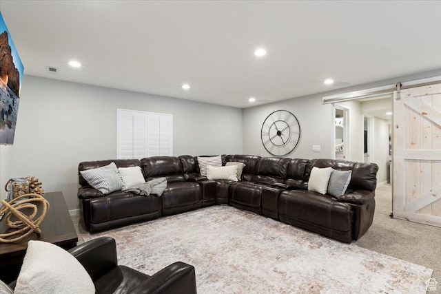 5057 W Bowstring Way S, South Jordan, UT 84009 - carpeted living room with a barn door and recessed lighting