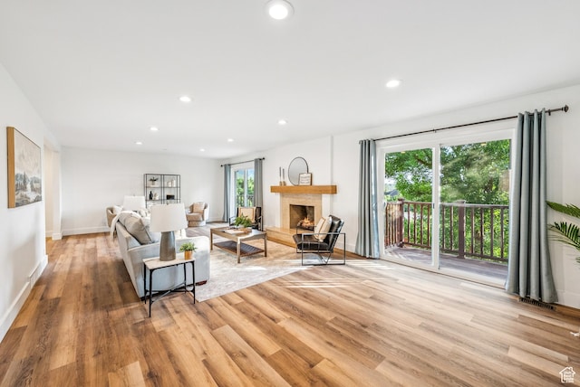 8816 S Alpen Way E, Cottonwood Heights, UT 84121 - living area with light wood-style floors, recessed lighting, and a warm lit fireplace