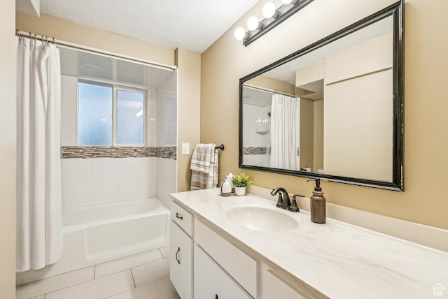 8816 S Alpen Way E, Cottonwood Heights, UT 84121 - full bathroom with vanity, tile patterned floors, shower / bath combination with curtain, and a textured ceiling