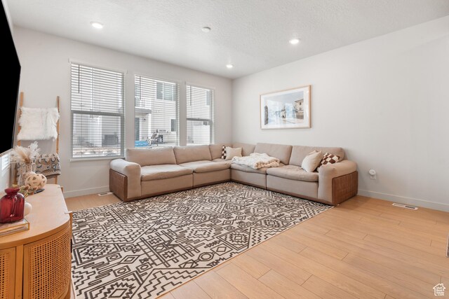 938 W Terracotta Dr, Saratoga Springs, UT 84045 - living room with light wood finished floors, recessed lighting, and a textured ceiling