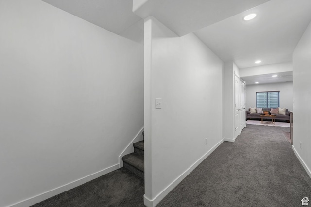 1666 W Rockaway Ln, West Jordan, UT 84084 - hall with recessed lighting, dark carpet, and stairway