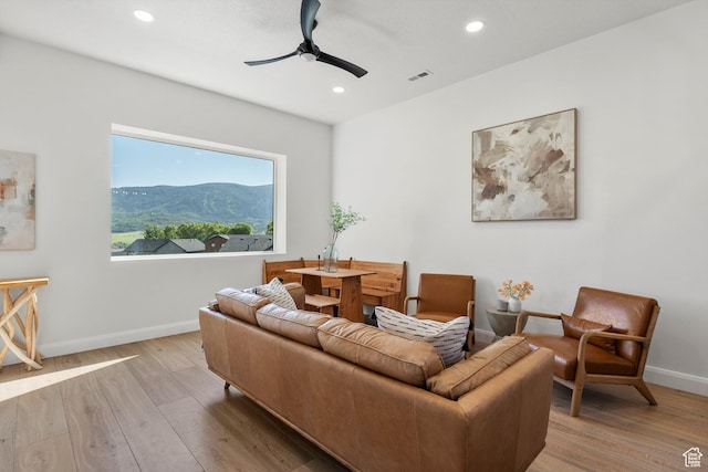 3547 N Creekside Way, Eden, UT 84310 - living area featuring a ceiling fan, wood finished floors, recessed lighting, and a mountain view