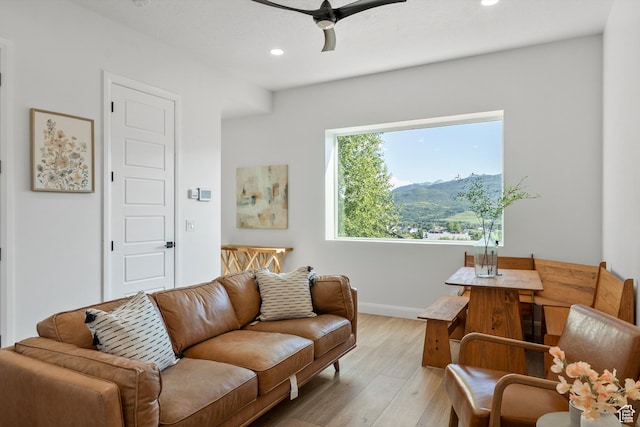 3547 N Creekside Way, Eden, UT 84310 - living area featuring light wood-style floors, recessed lighting, a ceiling fan, and a mountain view