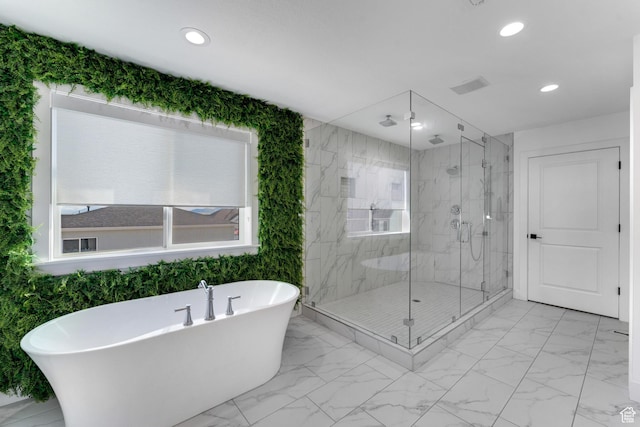 827 W 800 N, American Fork, UT 84003 - full bath featuring a marble finish shower, a soaking tub, recessed lighting, and marble finish flooring