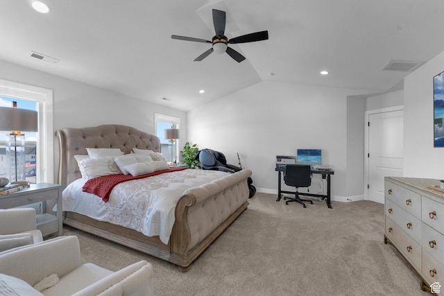827 W 800 N, American Fork, UT 84003 - bedroom featuring light colored carpet, recessed lighting, vaulted ceiling, a desk, and a ceiling fan