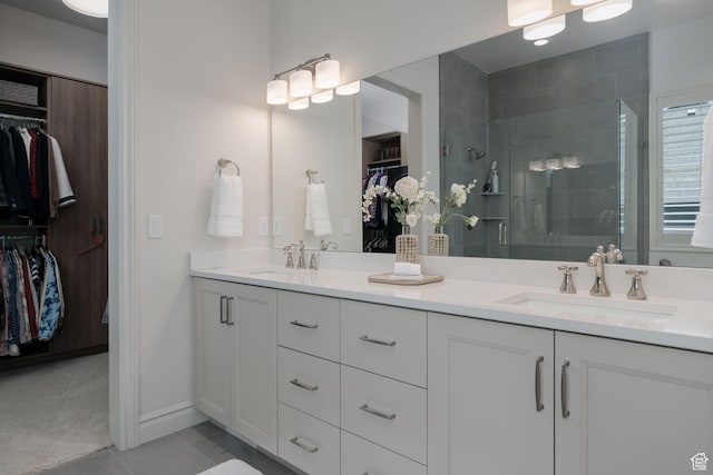 1914 E 540 S, Heber City, UT 84032 - bathroom with a walk in closet, double vanity, a stall shower, and tile patterned floors