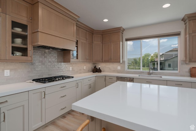1914 E 540 S, Heber City, UT 84032 - kitchen featuring stainless steel appliances, backsplash, light countertops, glass insert cabinets, and recessed lighting