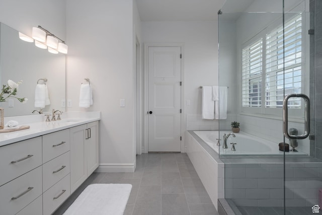 1914 E 540 S, Heber City, UT 84032 - full bathroom featuring vanity, a garden tub, tile patterned flooring, and a shower with door