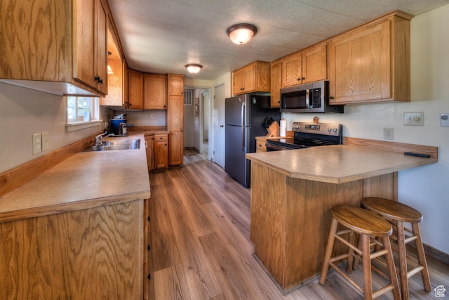 1281 Holyoak Ln E, Moab, UT 84532 - kitchen featuring stainless steel appliances, a peninsula, light wood-type flooring, and light countertops