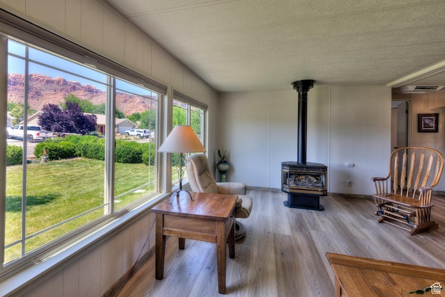 1281 Holyoak Ln E, Moab, UT 84532 - living area featuring a mountain view, wood finished floors, a wood stove, and a textured ceiling