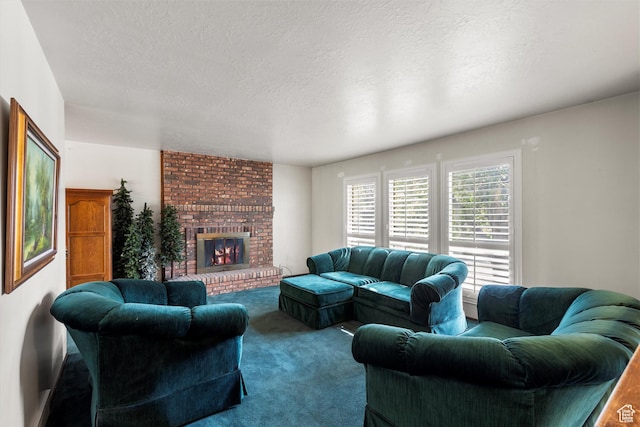 5374 S 5700 W, Hooper, UT 84315 - carpeted living area featuring a textured ceiling and a brick fireplace