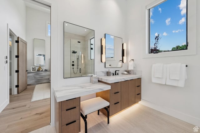 1404 W Ursa Way, Heber City, UT 84032 - full bathroom featuring wood finished floors, a stall shower, vanity, and recessed lighting