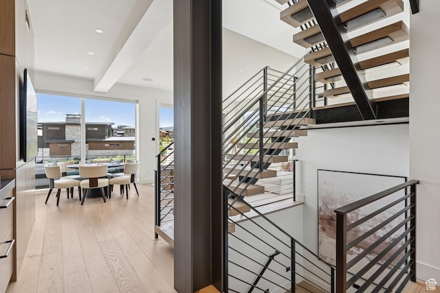 1404 W Ursa Way, Heber City, UT 84032 - stairs with wood-type flooring, beamed ceiling, and recessed lighting