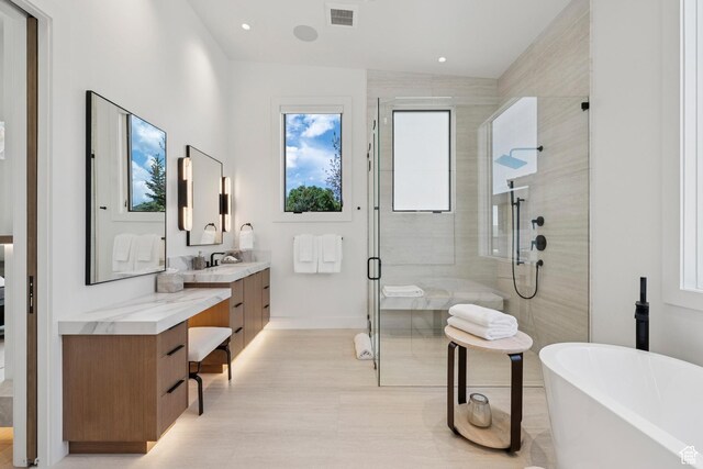1404 W Ursa Way, Heber City, UT 84032 - bathroom with a shower stall, vanity, a freestanding tub, and recessed lighting