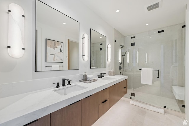 1404 W Ursa Way, Heber City, UT 84032 - full bath with double vanity, a shower stall, recessed lighting, and tile patterned floors