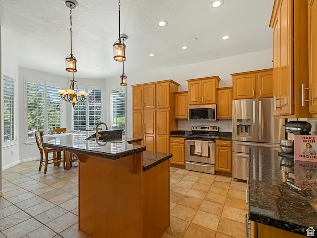 1639 E Lone Oak Dr, Draper, UT 84020 - kitchen featuring appliances with stainless steel finishes, recessed lighting, a chandelier, a breakfast bar, and brown cabinets