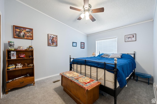 10 E 200 N, La Verkin, UT 84745 - bedroom with crown molding, lofted ceiling, a textured ceiling, carpet flooring, and ceiling fan