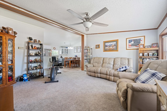 10 E 200 N, La Verkin, UT 84745 - carpeted living room featuring vaulted ceiling, ceiling fan, a textured ceiling, a chandelier, and crown molding